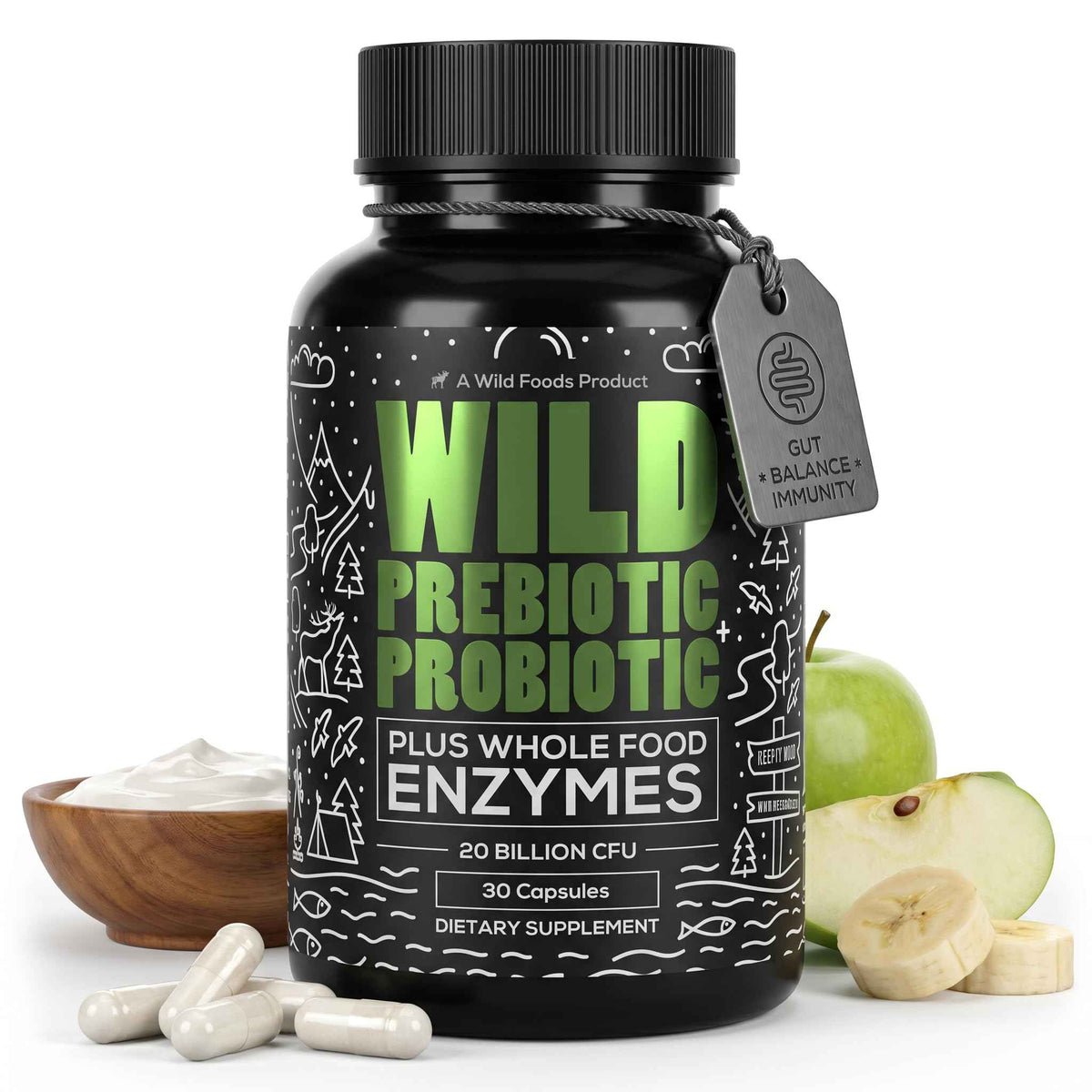Wild Prebiotics and Probiotics with Digestive Enzymes - 20 Billion CFU - 10 Strains for Women & Men - Support Gut Health & Digestion Supplements - Non-GMO Prebiotic Fiber - 30 Count (Pack of 2)