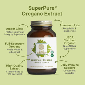 PURE SYNERGY SuperPure Oregano Extract - Oregano Oil Extract Capsules - Organic Oil and Leaf Supplement - for Immune, Digestive, and Respiratory Health (60 Capsules)