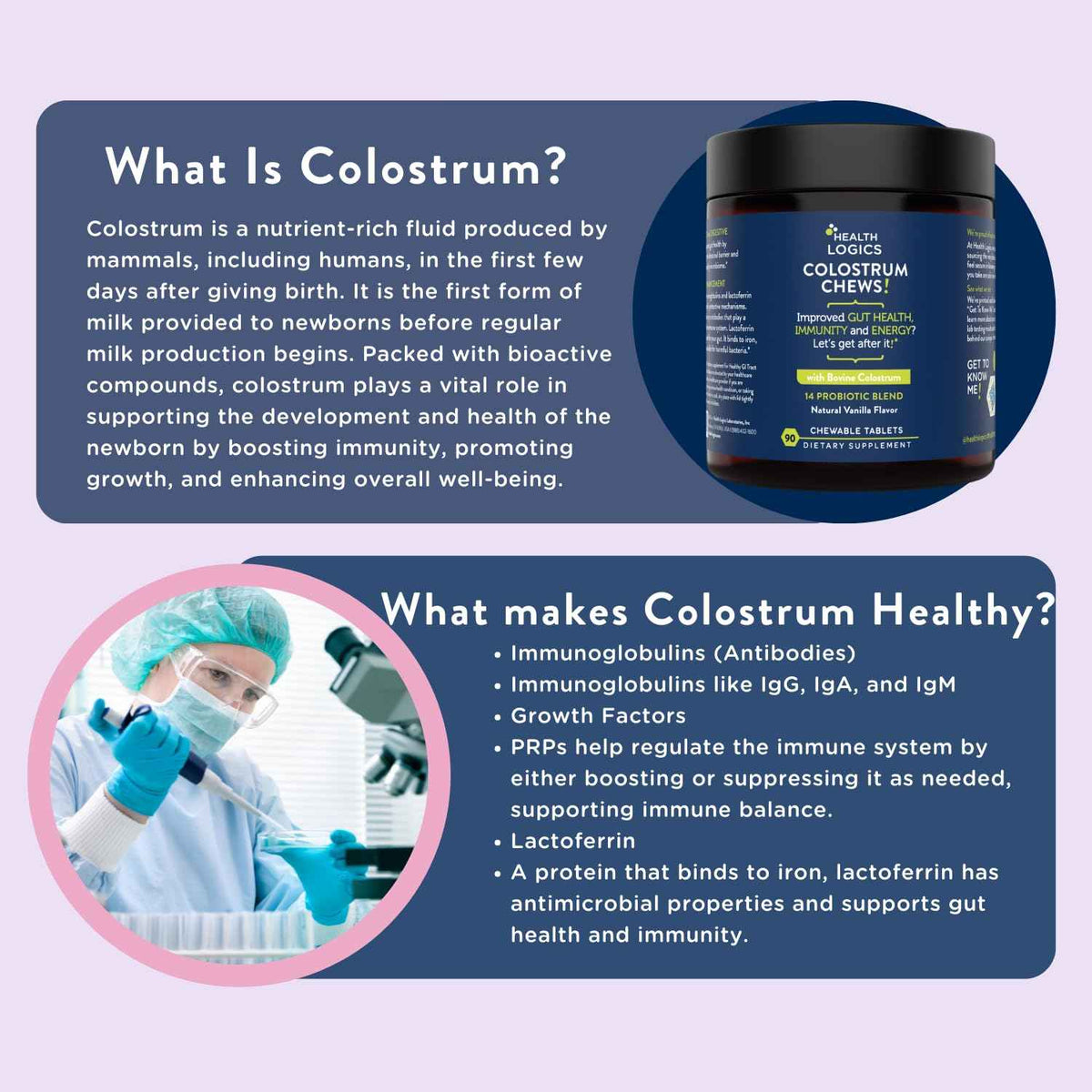 Health Logics Colostrum Chews-Colostrum Supplement 25% IgG for Gut Health, Immune Support, Hair Growth, Vanilla Flavor, 90 Servings