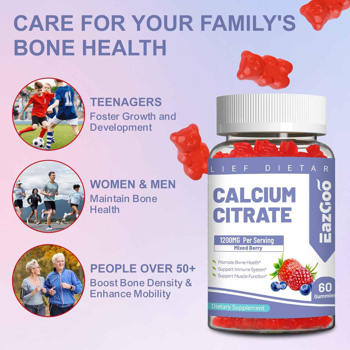 Calcium Citrate Gummies, Chewable 1200mg Calcium Gummies for Women & Men, Calcium Supplement for Muscle & Immune Support,