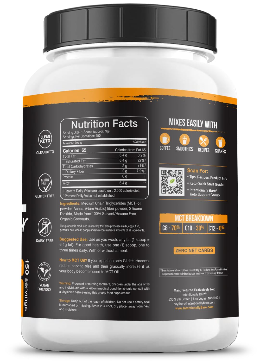 Intentionally Bare MCT Oil Powder - Unflavored – Zero net Carbs 48oz