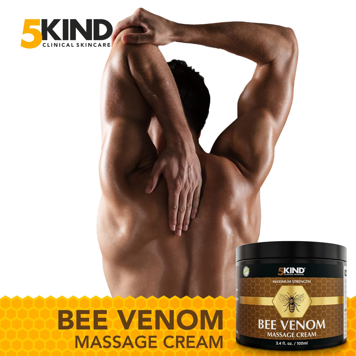 5kind Maximum Strength Bee Venom Cream - Naturally Massage Joints & Muscles, Lower Back, Knee, Neck, Shoulder, Hip & Feet - Responsibly Sourced Premium Bee Venom Cream 3.4 Fl Oz