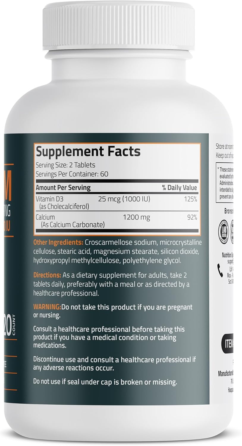 Bronson Calcium 1200 mg + Vitamin D3 1000 IU for Bone Health, 120 Tablets - High Potency Formula, Non-GMO, Gluten-Free & Soy-Free