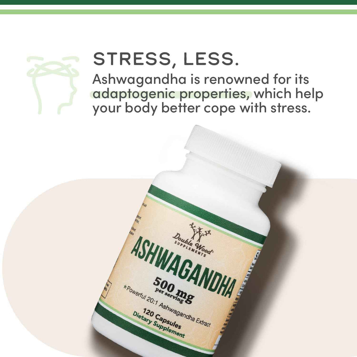 Ashwagandha Capsules, 120 Count (500mg Extract 20:1 Potency) Adaptogen Stress Relief by Double Wood