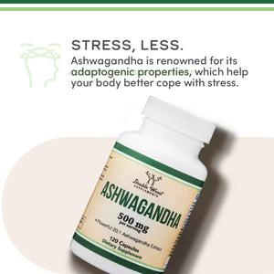 Ashwagandha Capsules, 120 Count (500mg Extract 20:1 Potency) Adaptogen Stress Relief by Double Wood
