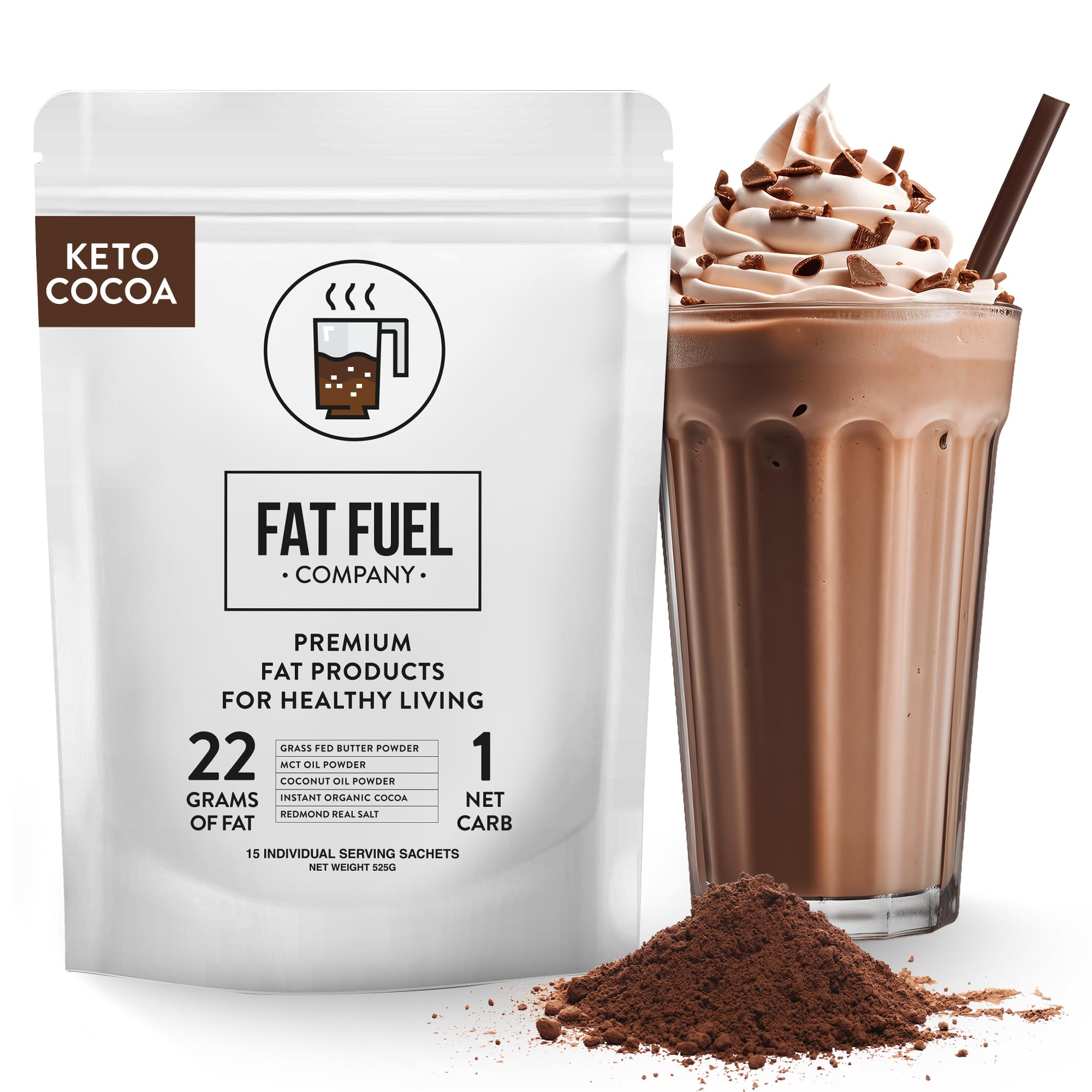 Fat Fuel Instant Keto Cocoa – a Complete Keto-Friendly Meal Replacement with MCT Oil, Coconut Oil, and Grass Fed Butter – Low Carb Hot Chocolate, Organic (15 Packets)