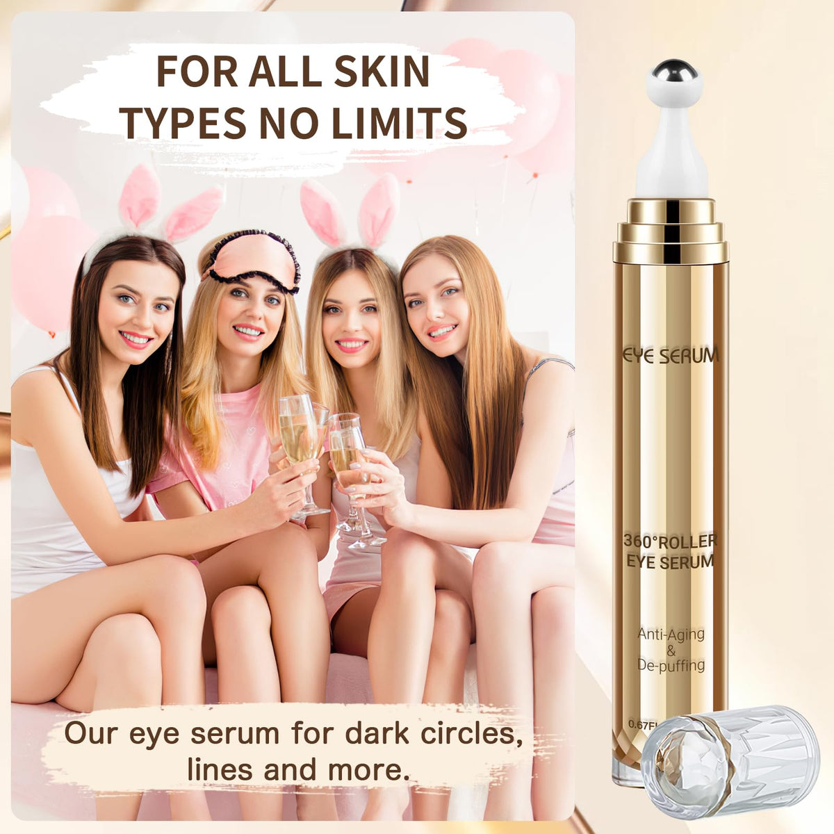 5% Caffeine Eye Serum with 360° Cooling Massage Ball (0.67 fl oz) - Rapid Treatment for Dark Circles, Puffiness & Eye Bags | Hyaluronic Acid Anti-Aging Serum for Men & Women