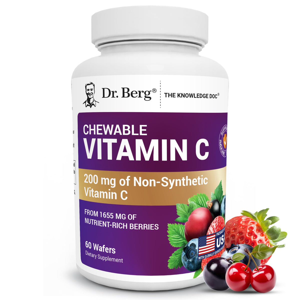 Dr. Berg Chewable Vitamin C Complex - Made with Organic, Non-GMO Berries - 60 Delicious Wafers