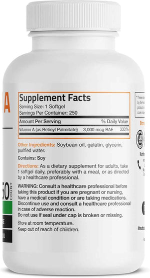 Bronson Vitamin A 10,000 IU Healthy Vision and Immune Support, 250 Softgels - Vitamin A Palmitate, Once-Daily Rapid Release, Skin, Growth & Reproduction Support, Non-GMO