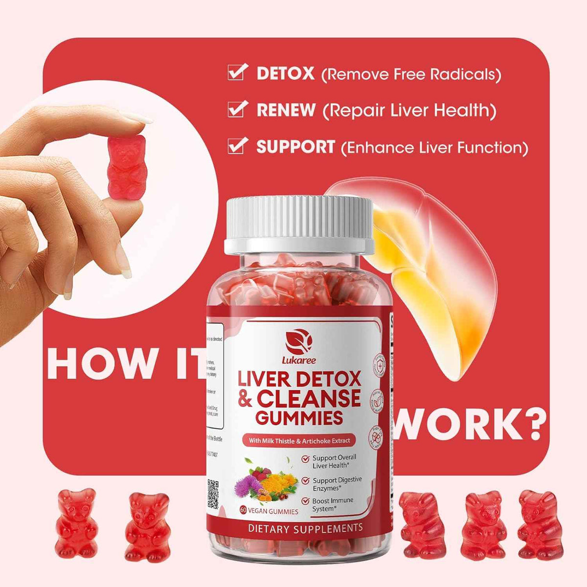 2 Pack Lukaree Liver Cleanse Detox & Repair Gummies w/Artichok & Dandelion - Sugar-Free Milk Thistle Supplement for Digestion & Immunity - Herbal Liver Health Supplement for Men & Women- Vegan, 60 Count