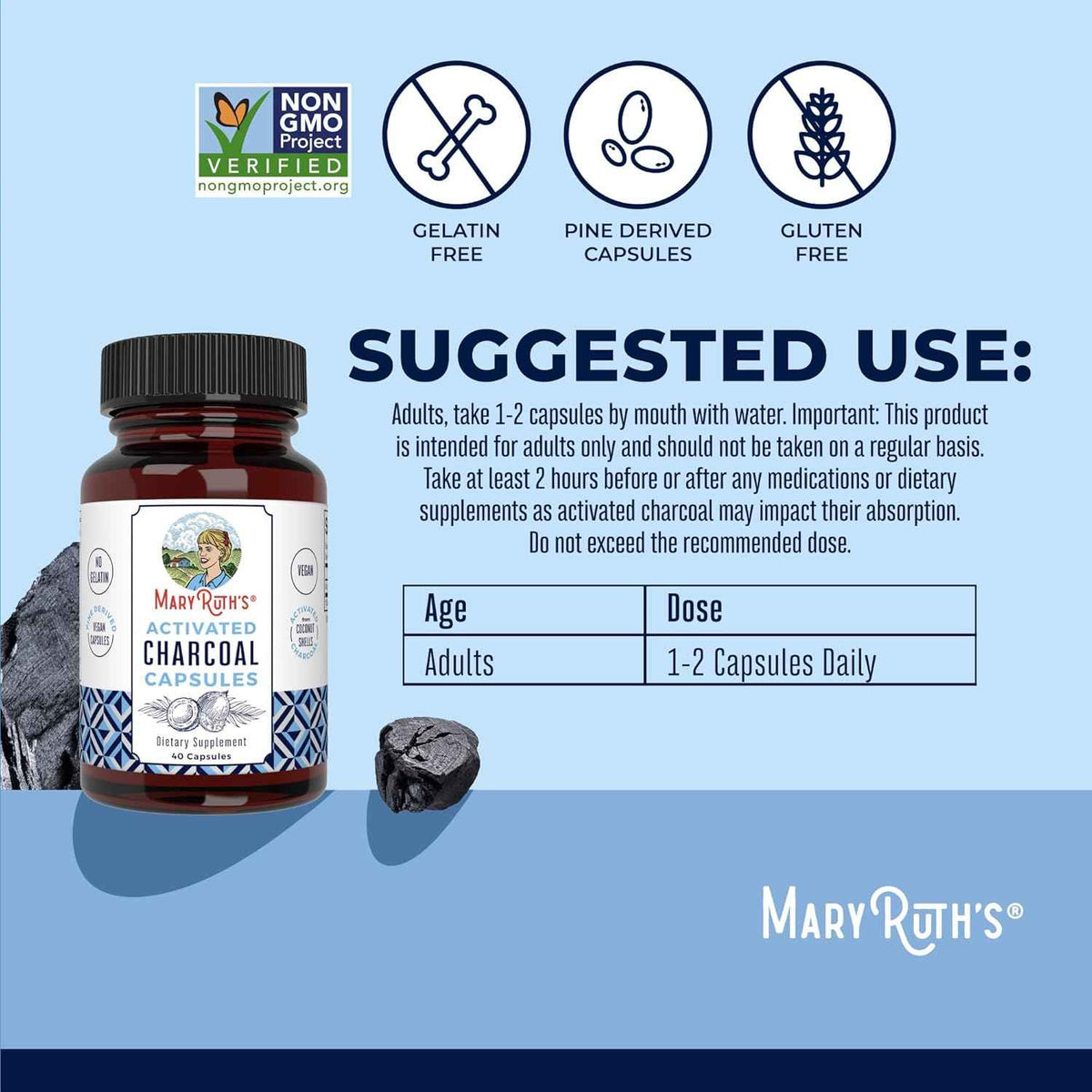 MARYRUTH'S Activated Charcoal Capsules 950 mg Activated Charcoal - Substance Adsorption - Derived from Coconut Shells - Vegan Capsules from Pine Trees - Non-GMO - Gluten Free - 40 Count