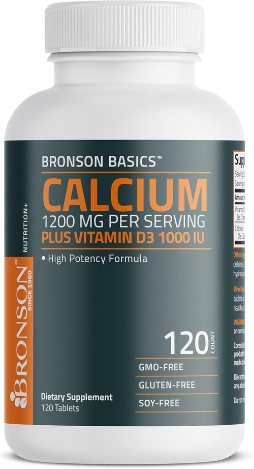Bronson Calcium 1200 mg + Vitamin D3 1000 IU for Bone Health, 120 Tablets - High Potency Formula, Non-GMO, Gluten-Free & Soy-Free