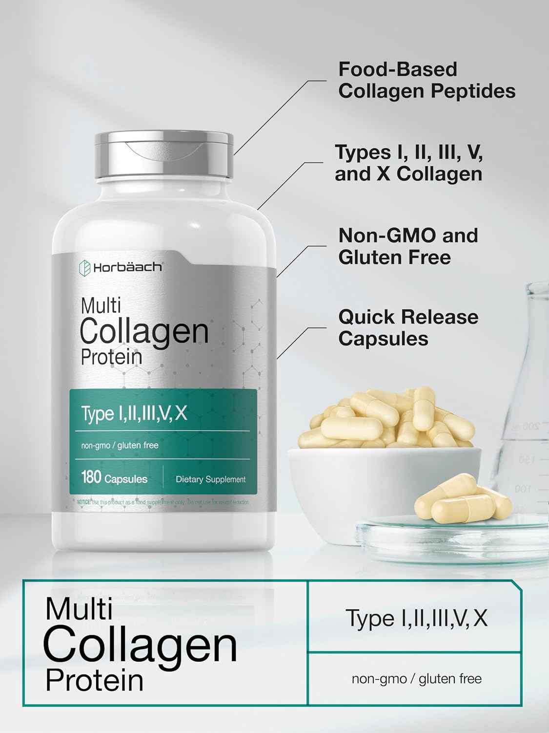 Horbäach Multi Collagen Protein 2000 mg - 180 Capsules - Type I, II, III, V, X - Keto & Paleo Friendly - Non-GMO, Gluten Free Supplement