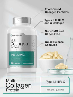 Horbäach Multi Collagen Protein 2000 mg - 180 Capsules - Type I, II, III, V, X - Keto & Paleo Friendly - Non-GMO, Gluten Free Supplement