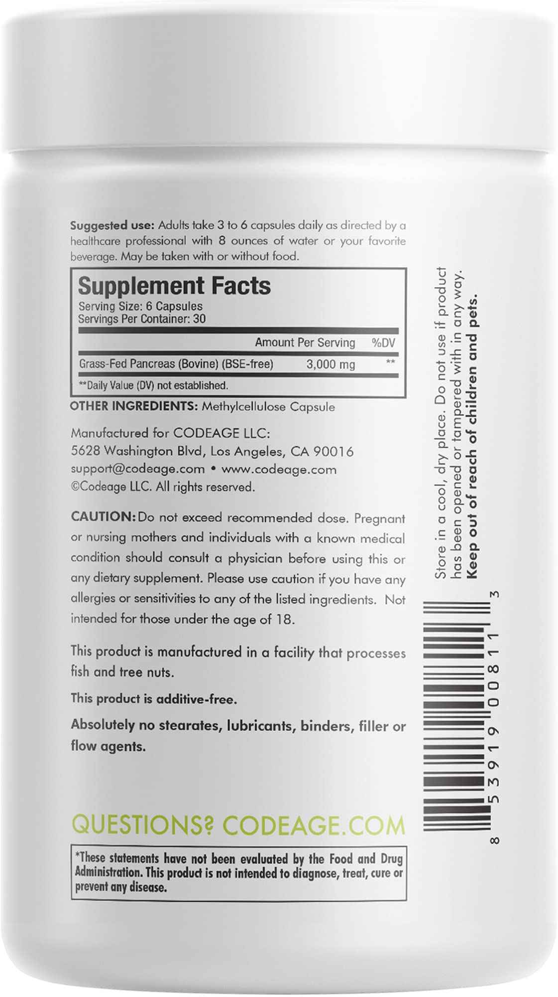 Codeage Grass Fed Beef Pancreas Supplement Glandulars - Freeze Dried, Non-Defatted Desiccated Beef Pancreas Pills - Pancreatic Enzymes Diet Meat - Pasture Raised Bovine Vitamins - 180 Capsules