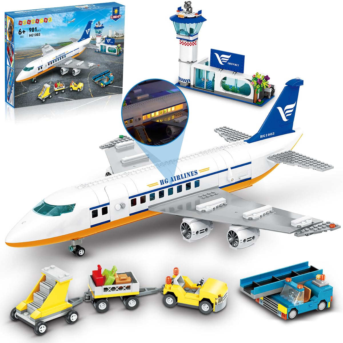 HOGOKIDS City Airport Airplane Building Set with LED Light, 901 PCS