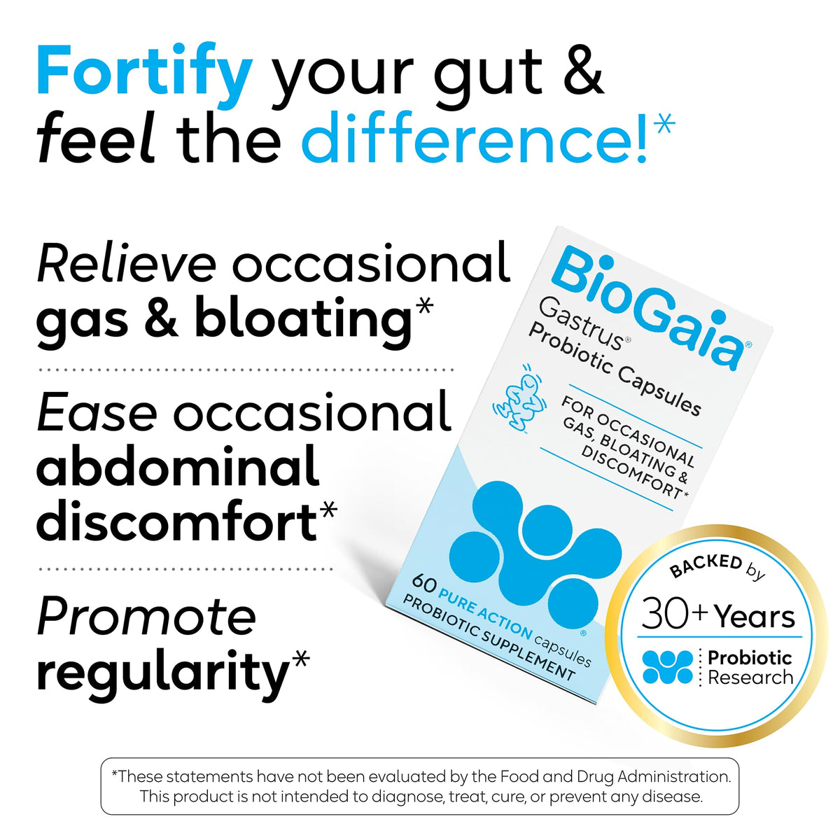 BioGaia Gastrus L reuteri Probiotic - 35 Years of Clinical Gut Research - L reuteri 6475 + 17938 Probiotics - Ease Gut Discomfort, Gas & Bloating - Promotes a Healthy Gut & Microbiome - 30 Chewables