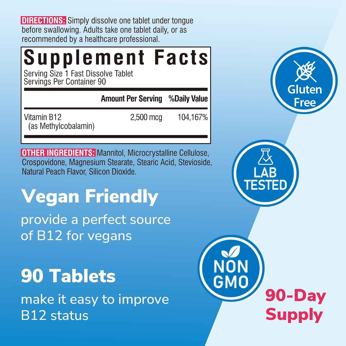 Vitalibre Vitamin B12 2500 mcg, Extra Strength Sublingual Methylcobalamin, Natural Peach Flavor, Nervous System, Energy Support, No Sugar, 90 Fast Dissolve Tablets