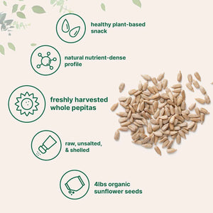 Organic Sunflower Seeds, 4lbs - Raw, Unsalted, & Shelled - Whole Kernels - Low Carb Snack - Great for Baking, Smoothies, & Salad Toppings - Non-GMO, Vegan, Plant Based