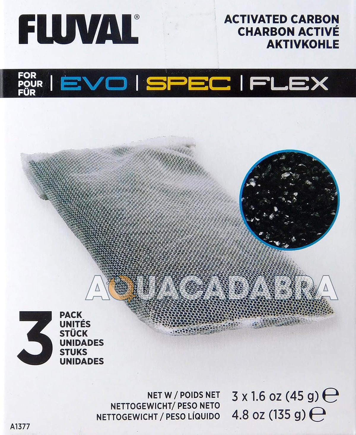 Fluval Spec/Evo/Flex Activated Carbon, Replacement Aquarium Filter Media, 3-Pack, A1377 - Replacement Aquarium Filter Media
