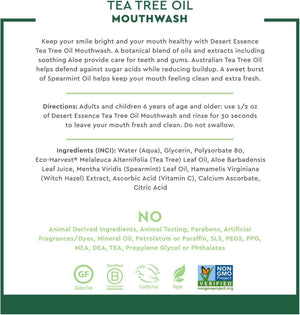 Desert Essence Alcohol-Free Mouthwash with Tea Tree Oil and Aloe, Sugar-Free, Oral Rinse to Provide Botanical Care for Teeth & Gums, Vegan, Non-GMO, SLS-Free, Gluten-Free, Spearmint Flavor, 8oz