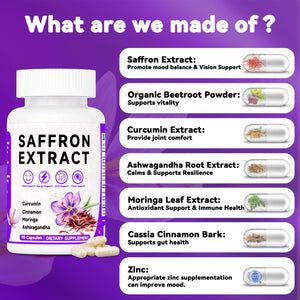 Happy Saffron Supplements, 100mg Saffron Extract, Saffron Blend with Turmeric & Ashwagandha, Supports Mood, Focus, and Energy Boost, 90 Capsules MossllyBuy Supplements Australia