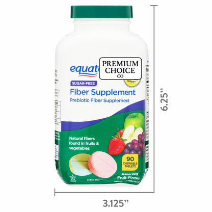 Premium Choice Co Equate Daily Fiber Supplement Chewable Tablets – 90 Count, Sugar-Free Prebiotic Fiber for Digestive Health, Assorted Fruit Flavor Tablets for Adults - Includes Sticker