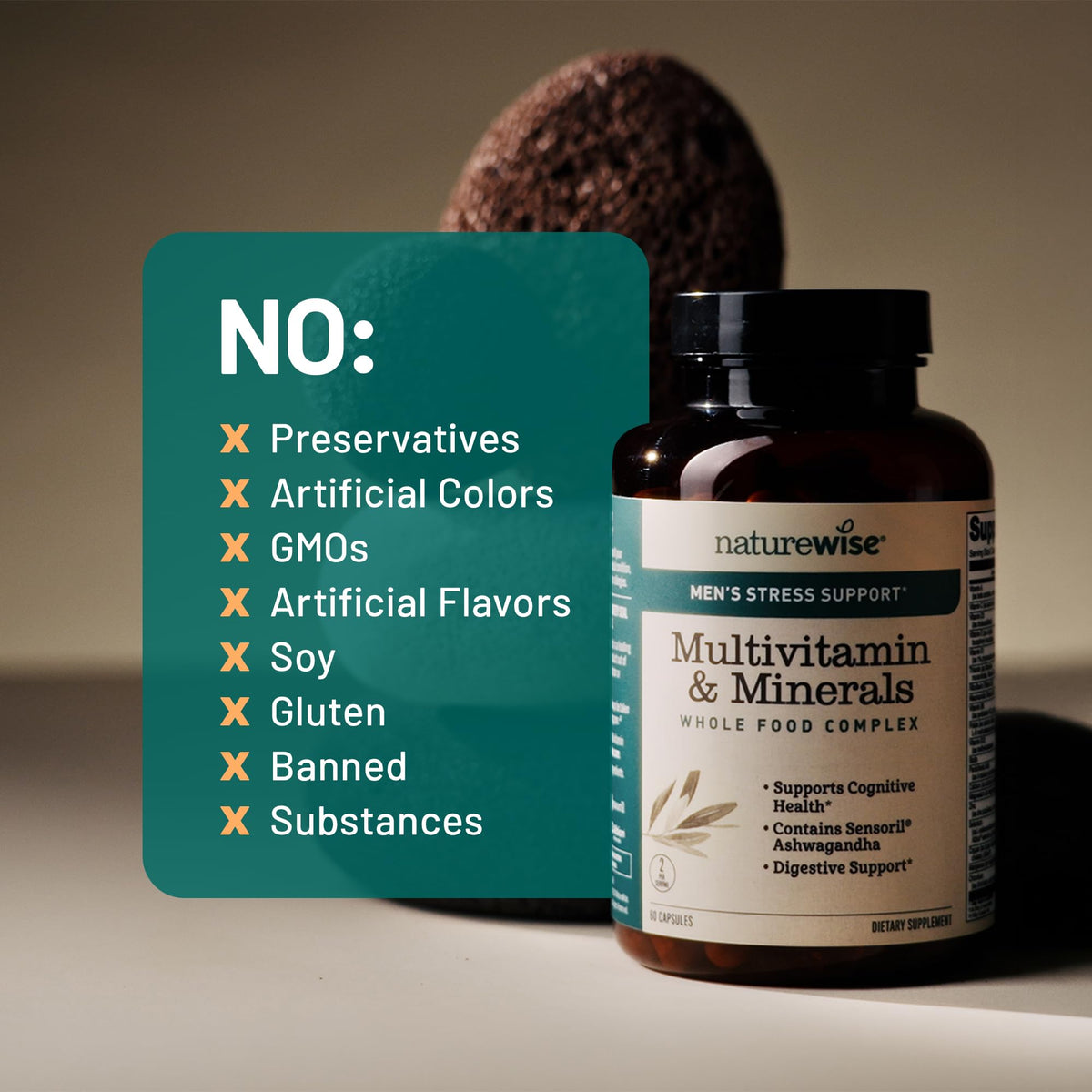 NatureWise Multivitamin for Men + Stress Support + Fulvic Ionic Minerals + Probiotics for Immunity, Male Health, Digestion + Whole Organic Foods - Vegetarian, Non-GMO - 60 Capsules[1-Month Supply]