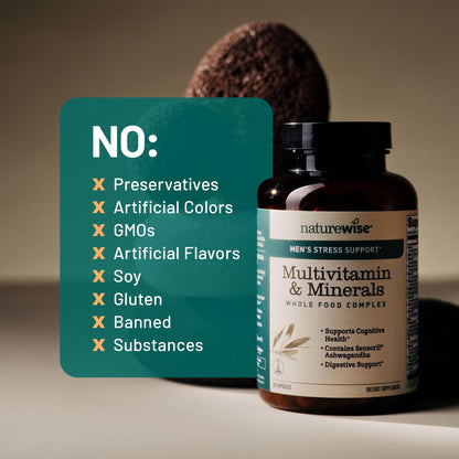 NatureWise Multivitamin for Men + Stress Support + Fulvic Ionic Minerals + Probiotics for Immunity, Male Health, Digestion + Whole Organic Foods - Vegetarian, Non-GMO - 60 Capsules[1-Month Supply]
