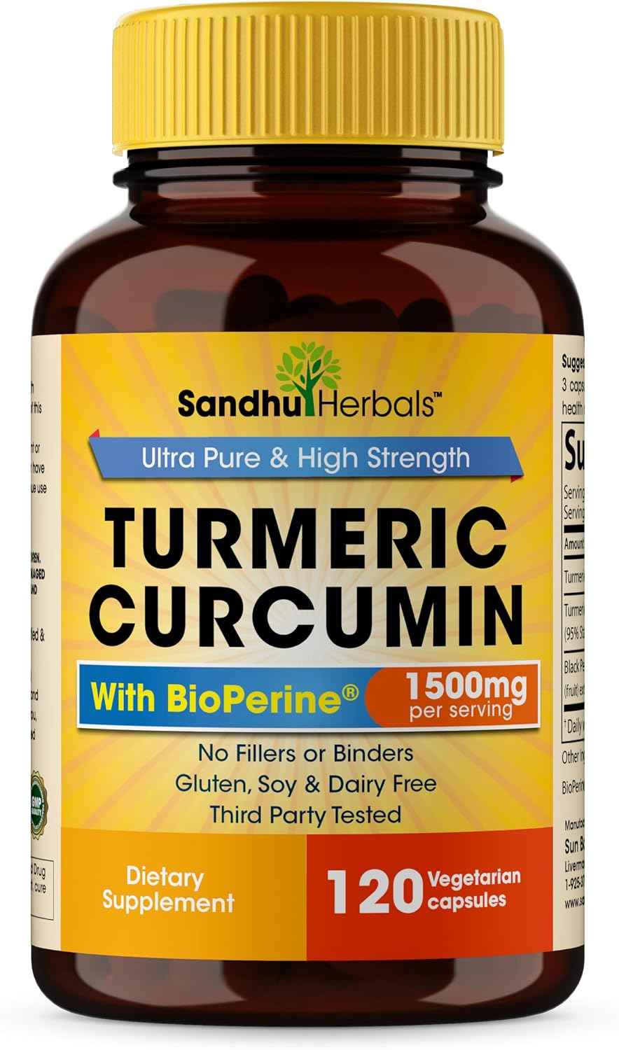 Organic Turmeric Curcumin 120 Capsules with Bioperine Black Pepper Extract Supplement - 1500mg with 95% Curcuminoids - Immune Support