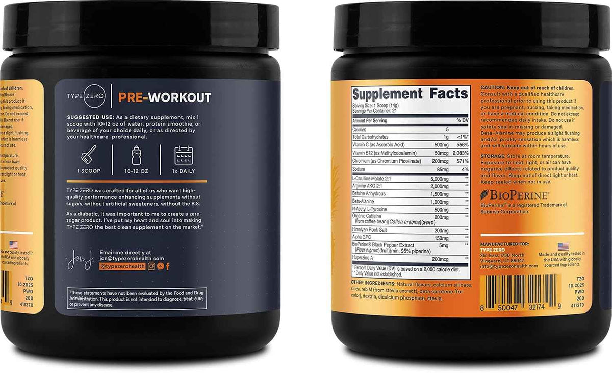 Type Zero Clean Pre Workout Powder (Pineapple Mango) 21 Servings - 200mg Natural Caffeine, L-Citrulline Malate, Beta Alanine, Alpha GPC, Huperzine A, Himalayan Salt, Sugar Free