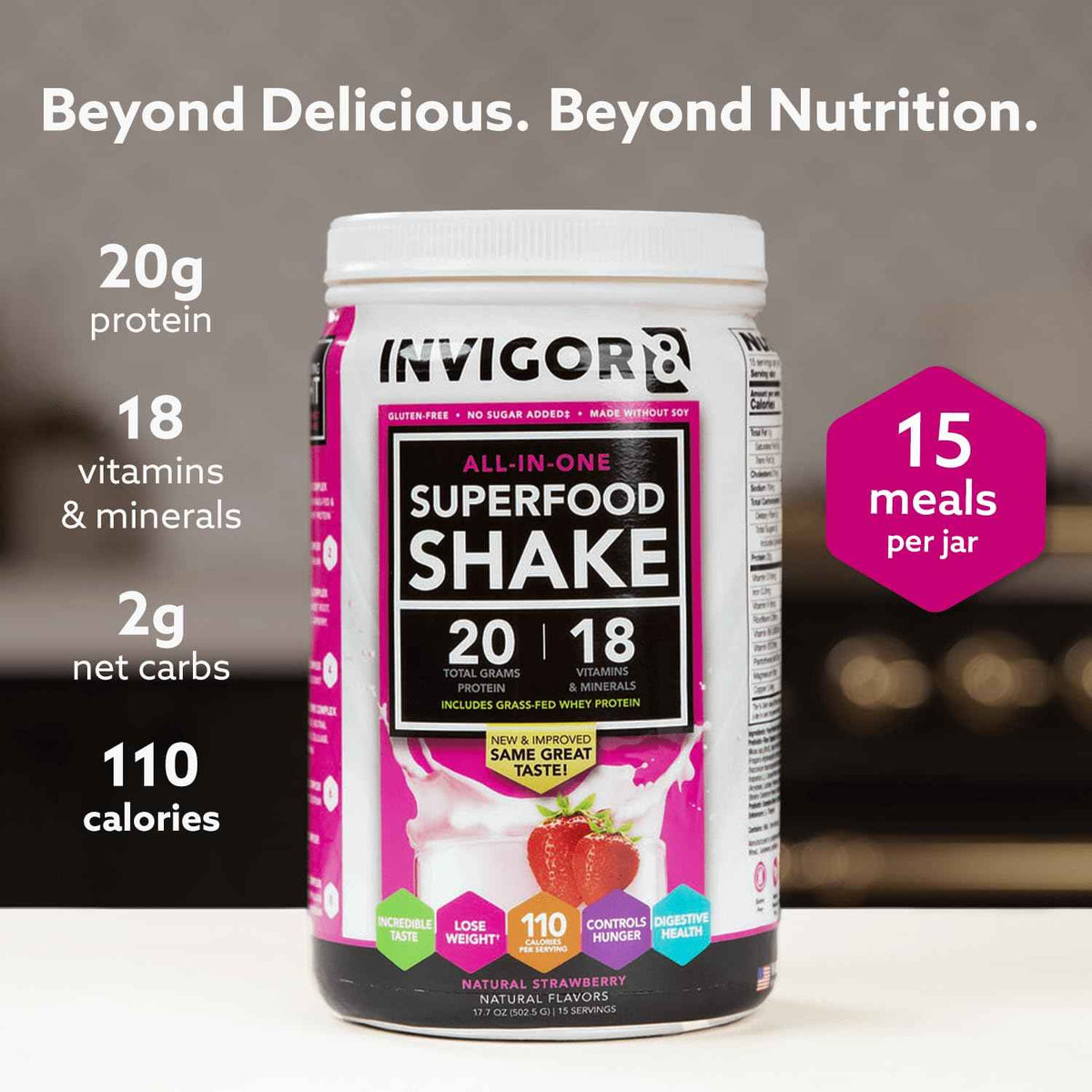 INVIGOR8 Superfood Grass Fed Whey Protein Isolate Shake Natural Strawberry Gluten-Free and Non GMO Meal Replacement with Probiotics and Omega 3 (645g)