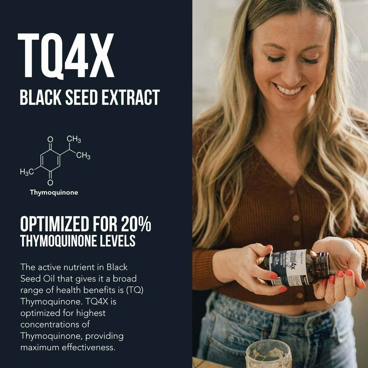 20% Thymoquinone Black Seed Oil Extract Capsules - TQ-Advanced 4X: Potent Thymoquinone Concentration Available - 60:1 Concentrate from Nigella Sativa, Raw Form, Vegan, Glass Bottle (120 Capsules)
