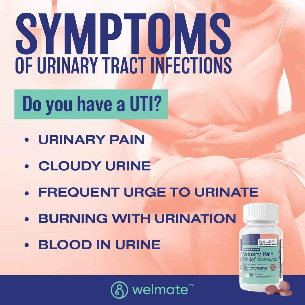 WELMATE Urinary Pain UTI Relief Maximum Strength (Phenazopyridine HCL) - Improve Urinary Tract Health & Bladder Control, Urgency, & Discomfort - Over-The-Counter Medication for Men & Women (72 Pills)