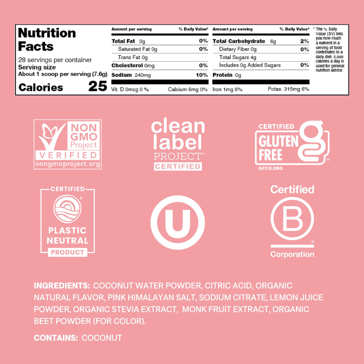Plant-Based Electrolyte Drink Mix - No Added Sugar - FSA-HSA - Dehydration Relief Powder Made with Coconut Water - Non-GMO - Vegan - 28 Servings Jar - Strawberry Kiwi