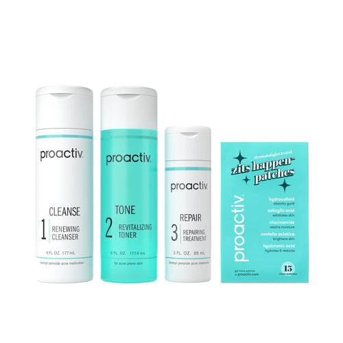 Proactiv 3 Step Acne Treatment w/ Pimple Patches - Benzoyl Peroxide Face Wash, Repairing Acne Spot Treatment for Face and Body, Exfoliating Toner - 90 Day Complete Acne Skin Care Kit + Pimple Patches