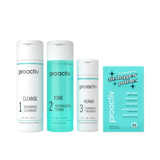 Proactiv 3 Step Acne Treatment w/ Pimple Patches - Benzoyl Peroxide Face Wash, Repairing Acne Spot Treatment for Face and Body, Exfoliating Toner - 90 Day Complete Acne Skin Care Kit + Pimple Patches