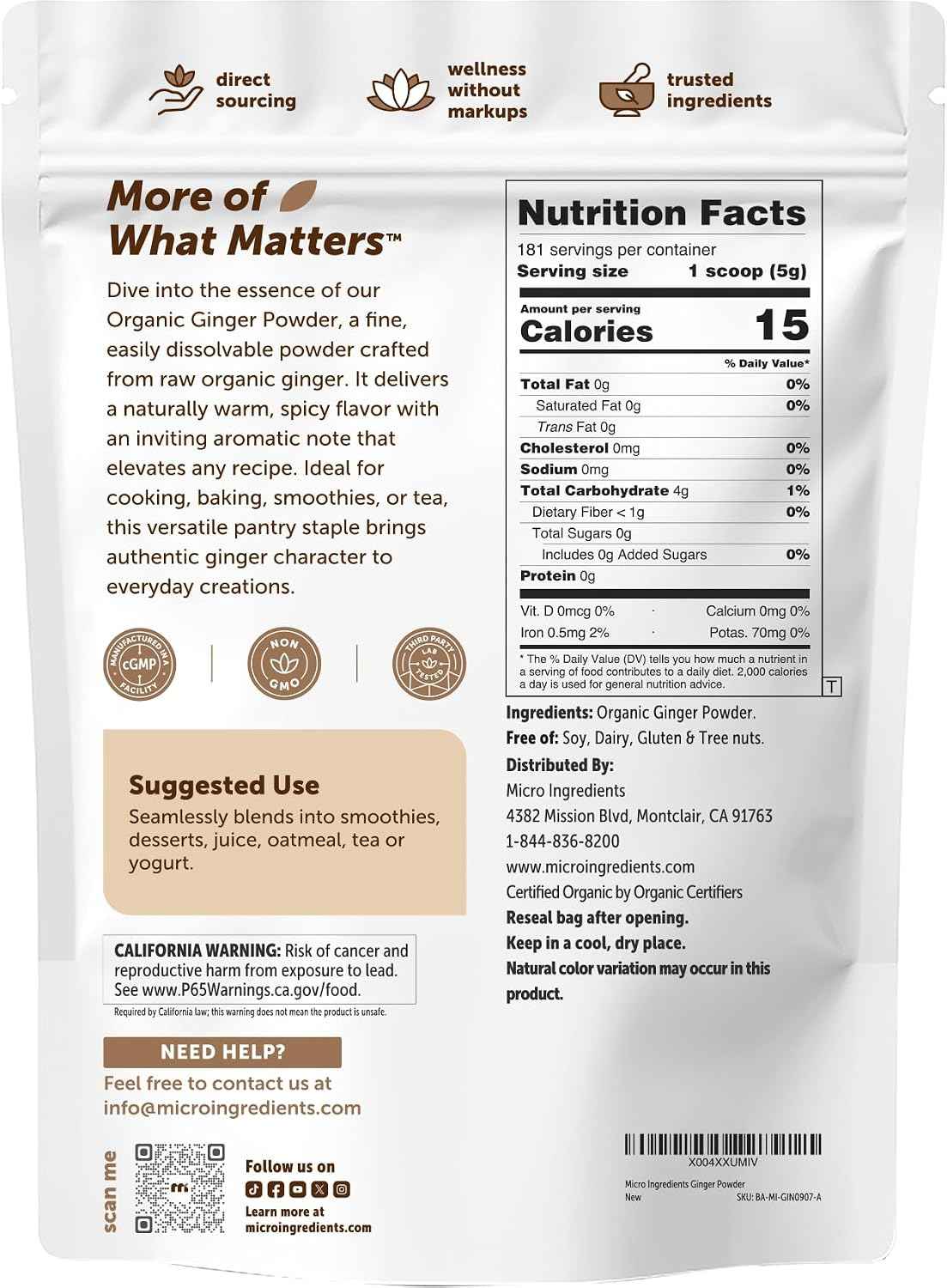 Organic Ginger powder, 2lbs (32oz) - Premium Source for Spice & Seasoning - Great for Baking, Cooking & Tea - Additive Free, Non-GMO, Bulk Supply