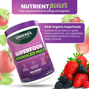Greens+ Advanced Multi Wild Berry Superfood Powder, Organic Blend, Vegan, Non-GMO, Soy-Free, Dairy-Free, Gluten-Free, Dietary Supplement with Vitamins & Minerals, 9.4 oz Greens+ buy supplements Au