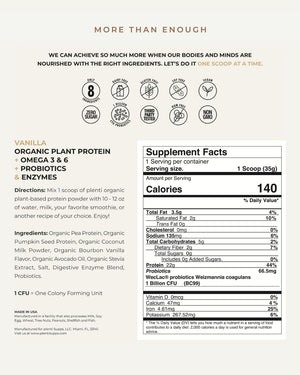 plenti Organic Plant-Based Protein Powder: Vanilla - 20g Pea Protein + Probiotics, Digestive Enzymes & Omega 3-6, Gut Friendly, Sugar Free, 27 Servings (2 lbs) plentiBuy Supplements Australia