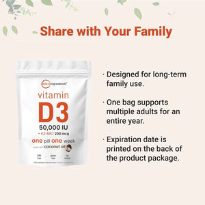 Micro Ingredients Vitamin D3 50,000 IU + K2 MK-7 200 mcg, 240 Softgels - Virgin Coconut Oil - 2-in-1 Support - Easy to Swallow, Non-GMO
