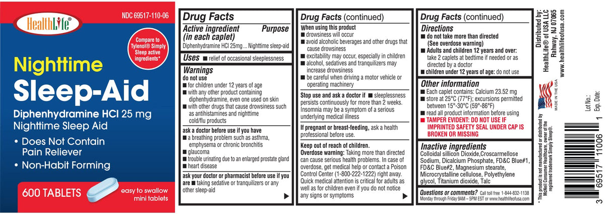 HealthPharma Nighttime Sleep-Aid, Diphenhydramine HCL Caplets, 25 mg (Blue), 600 Count