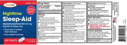 HealthPharma Nighttime Sleep-Aid, Diphenhydramine HCL Caplets, 25 mg (Blue), 600 Count