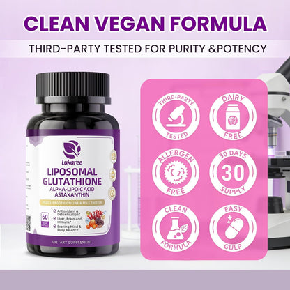 Liposomal Glutathione 1158mg with Astaxanthin for Skin Health 60 Vegan CT - 15-in-1 with Milk Thistle, Alpha Lipoic Acid, Antioxidant Complex for Nighttime Skin Radiance, Cellular Health & Liver Detox