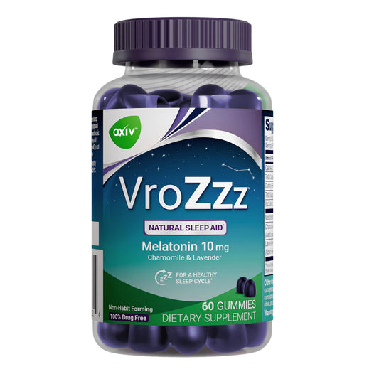 AXIV VroZzz Melatonin Sleep Aid Gummies, 10 mg Melatonin, with Chamomile, Lavender & Valerian Root, Supports Occasional Sleep, 60 Gummies