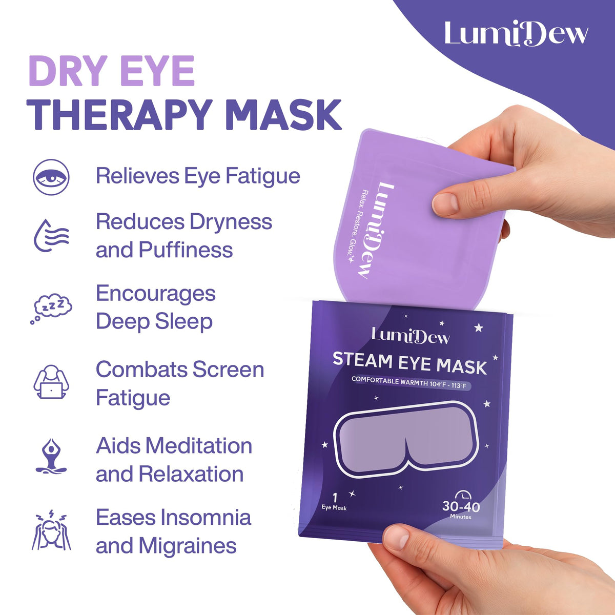 LumiDew Self Heating Steam Eye Mask – Warm Compress Eye Mask for Sleep, Dry Eye Relief & Relaxation, Unscented (16 Pack)