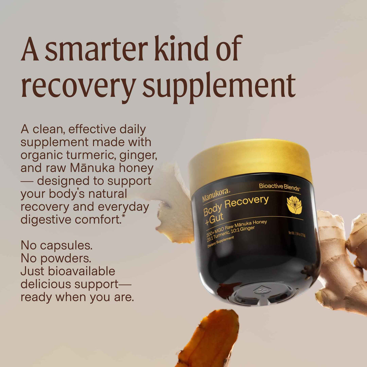 Manukora Body Recovery + Gut Supplement, Turmeric & Ginger with Manuka Honey, Supports Recovery, Gut Health & Digestive Comfort, Improved Absorption, 3rd-Party Tested, Non-GMO, 225g Jar