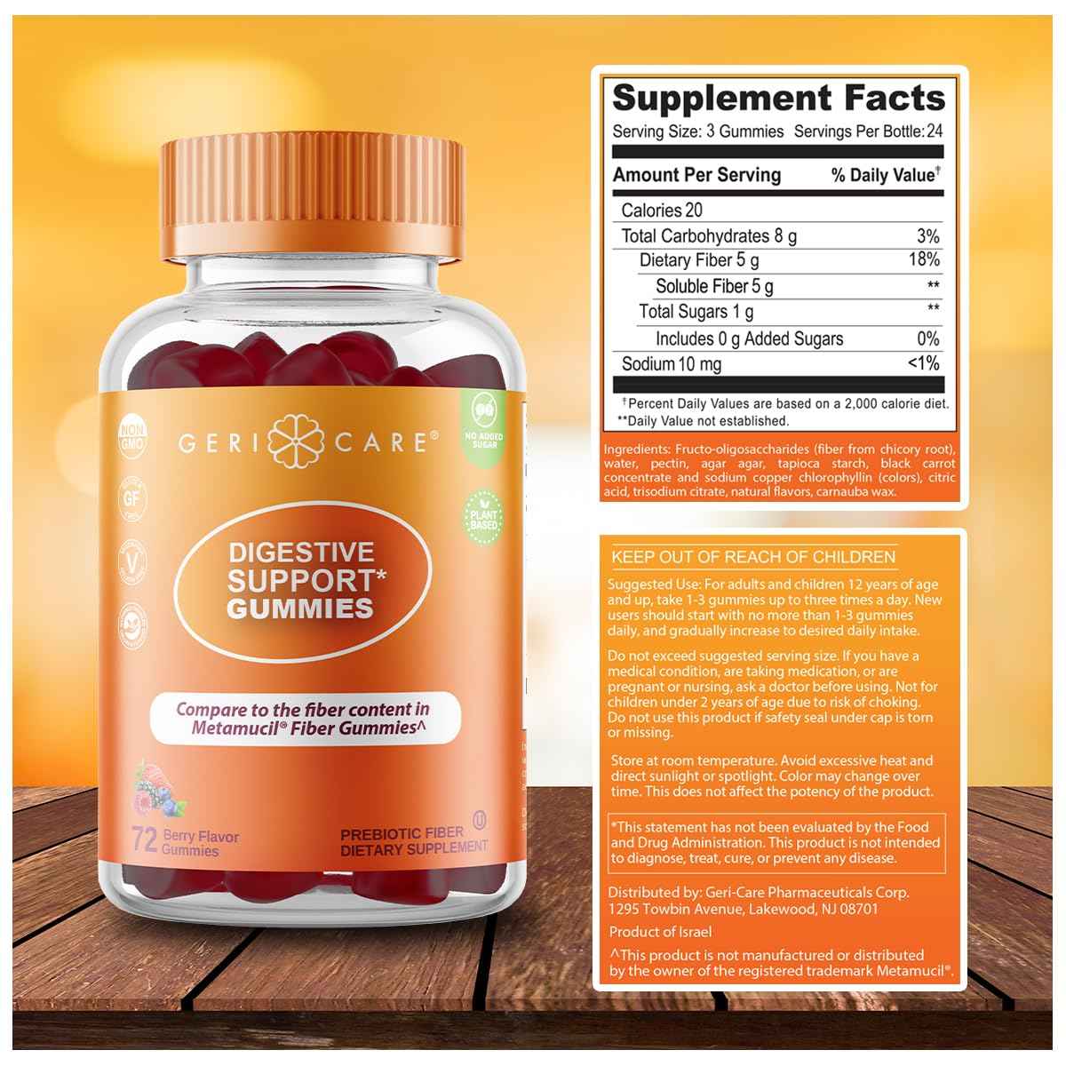 GeriCare Prebiotic Digestive Support, Gummies Compare to Metamucil Fiber Gummies, Berry Flavor, 72 Count, Plant-Based Fiber for Gut Health, Non-GMO