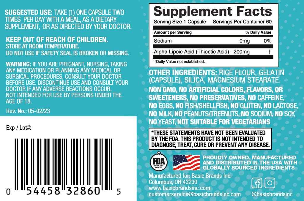 Basic Brands Nerves Alpha Lipoic Acid, 200 mg 1 Pack - Antioxidant, Immune Support, Eye Health Support, Heart Health Support, Nerve Health
