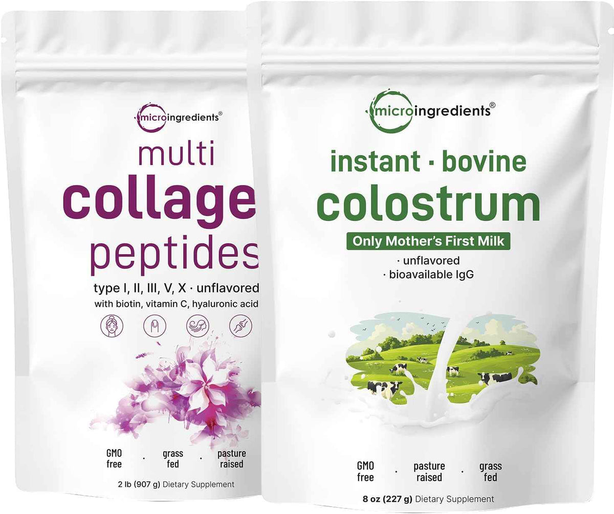 Micro Ingredients Multi Collagen Protein Powder 2 Pounds & Instant Colostrum Powder Bundle 2 Pack - Grass-Fed Collagen Peptides - Premium Bovine Mother’s First Milk